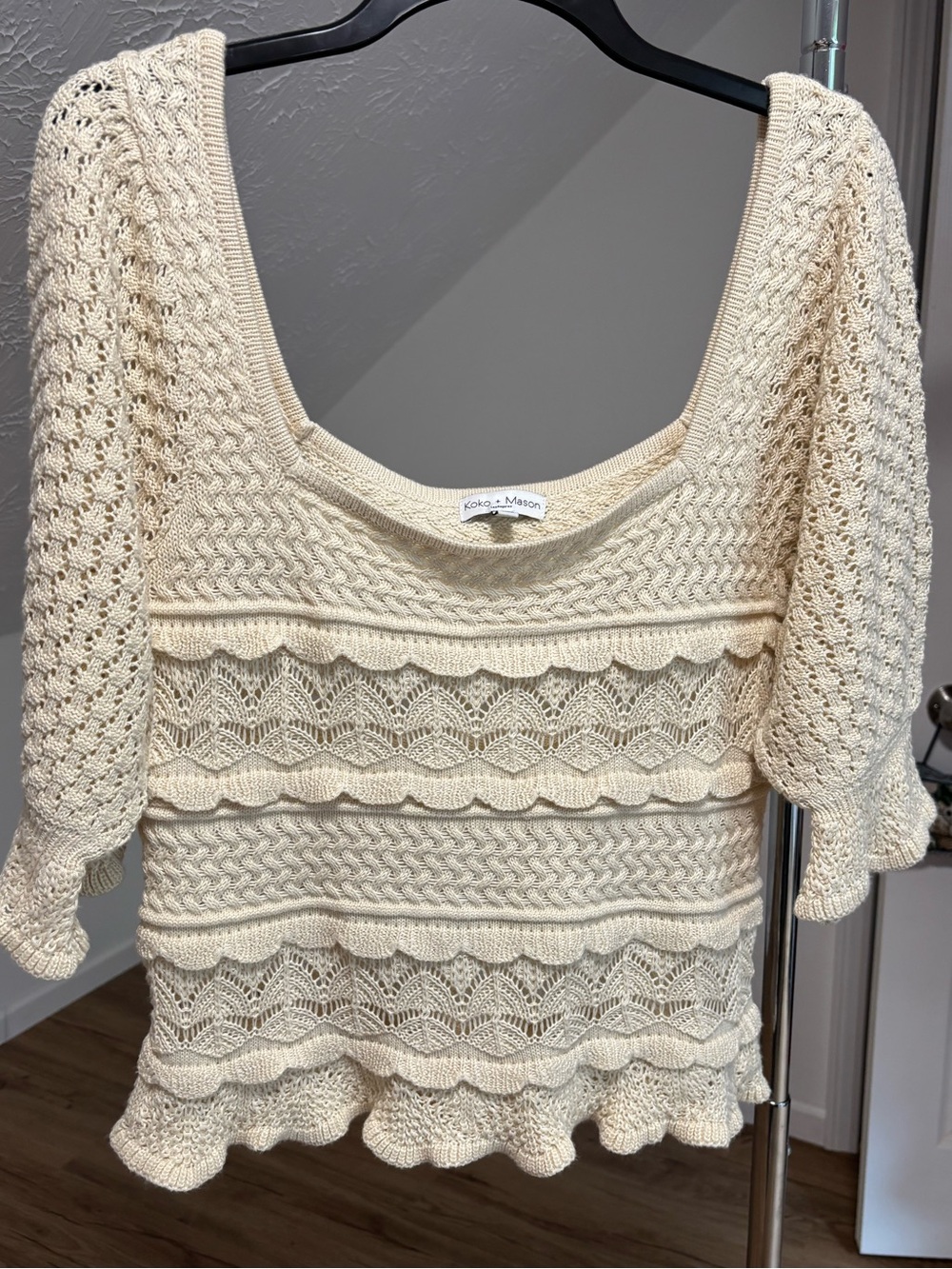 Koko + Mason cream crochet square neck top with puff sleeve, size large